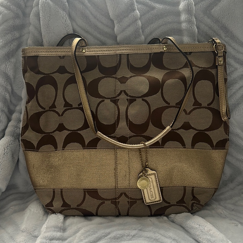 Coach Brown Monogram Tote with Gold Accents